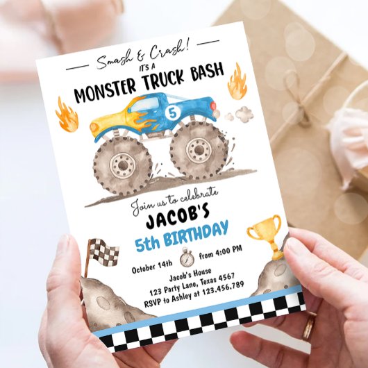 Invitation Monster de crash Smash Camion Bash Blue Boy Annive