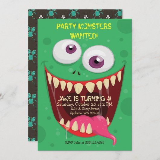 Invitation Monster Face Party Monsters fête d'anniversaire Re (Devant / Derrière)