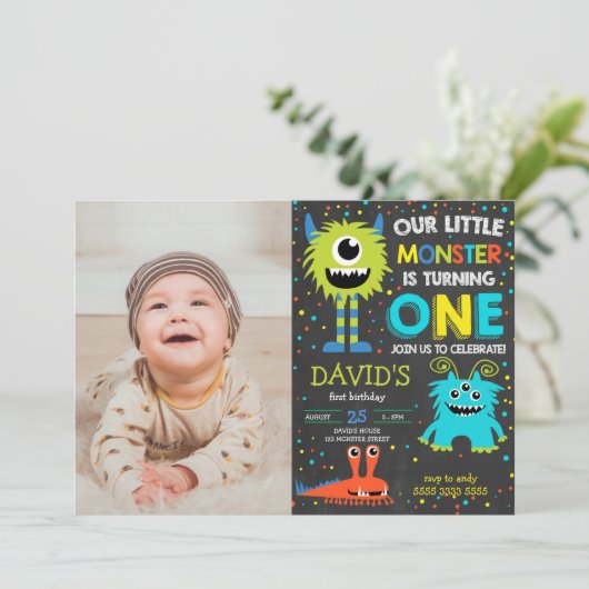 Invitation Monster First Birthday Boy Little Monster Photo (Debout devant)