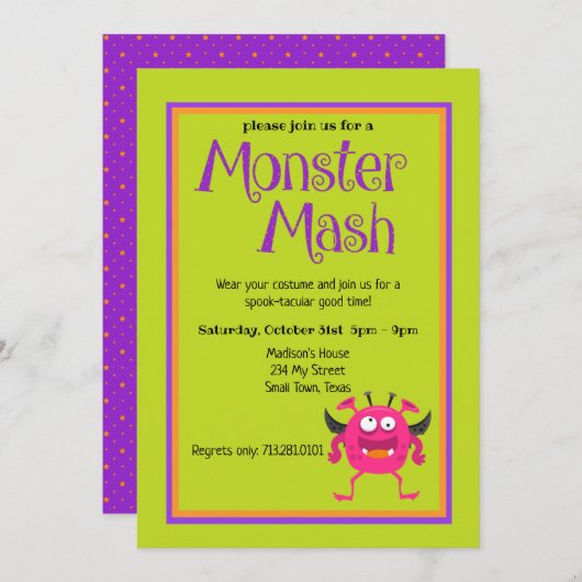 Invitation Monster Mash rose enfants mignon Halloween coloré (Devant / Derrière)
