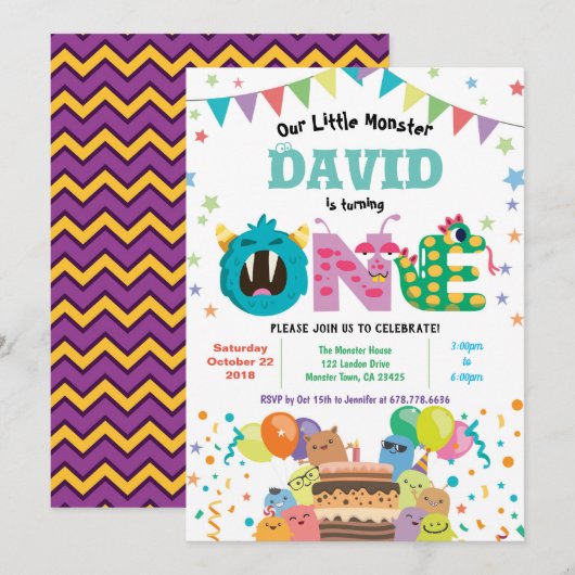 Invitation Monster, premier anniversaire. Baby boy 1er annive (Devant / Derrière)