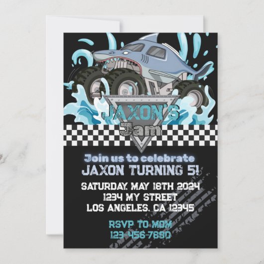 Invitation Monster Truck Anniversaire Invitation-Blue Shark (Devant)