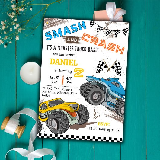 Invitation Monster truck bash cool modern kid 2nd birthday