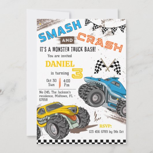 Invitation Monster truck bash cool modern kid 3rd birthday (Devant)