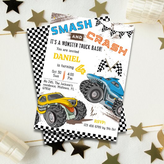 Invitation Monster truck bash cool modern kid 4th birthday