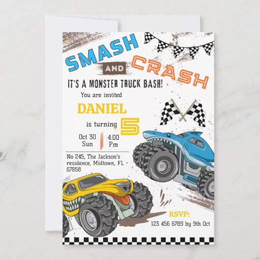 Invitation Monster truck bash cool modern kid 5th birthday (Devant)