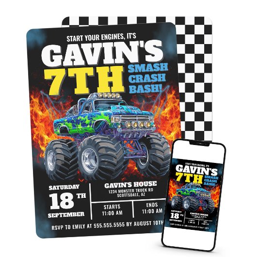 Invitation Monster Truck Bleu Froid 7ème Anniversaire Personn