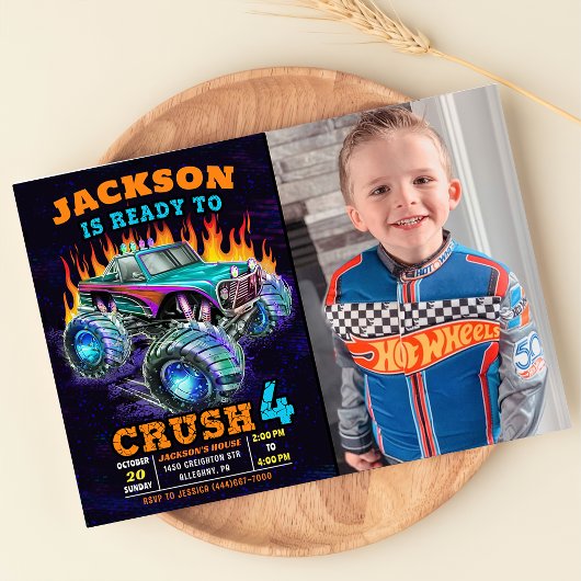 Invitation Monster Truck Boy 4th Birthday Party Photo
