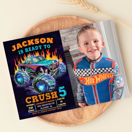 Invitation Monster Truck Boy 5th Birthday Photo