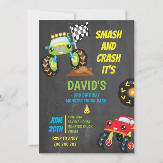 Invitation Monster Truck Boy Birthday Party Smash Crash (Devant)