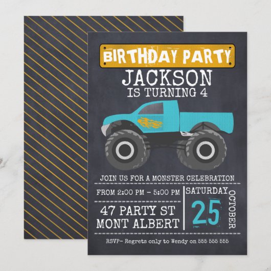 Invitation Monster Truck Chalboard Anniversaire Fête Invitati (Devant / Derrière)