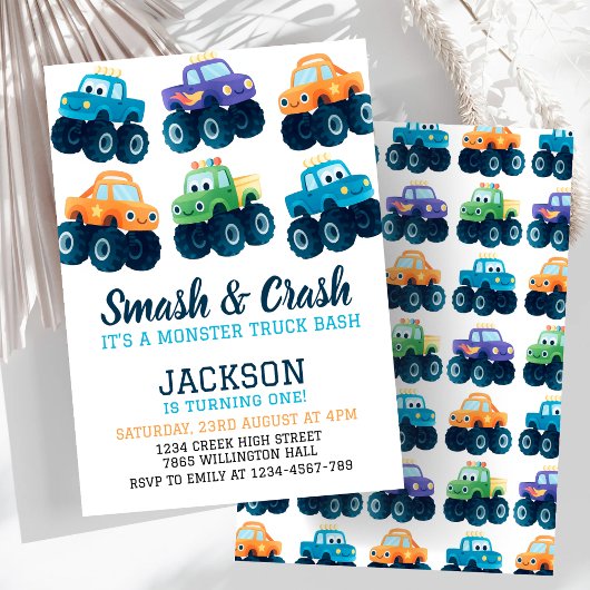Invitation Monster Truck Colorful Car Boys Anniversaire