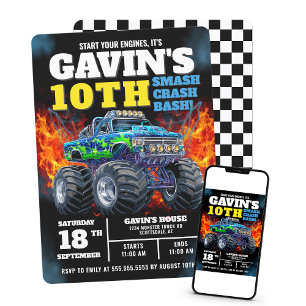Invitation Monster Truck Cool Bleu 10e anniversaire Personnal