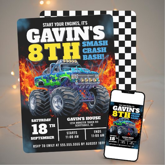 Invitation Monster Truck Cool Bleu 8e anniversaire Personnali