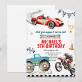 Invitation Monster truck Dirt Bikes and race car theme invite (Devant / Derrière)