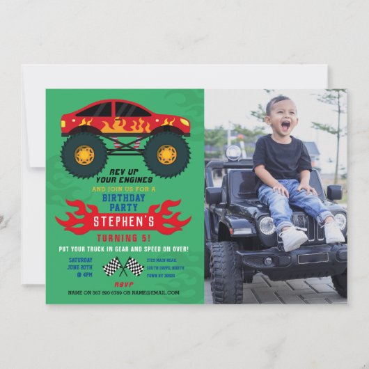 Invitation Monster Truck Flames Anniversaire Flames Big Photo (Devant)