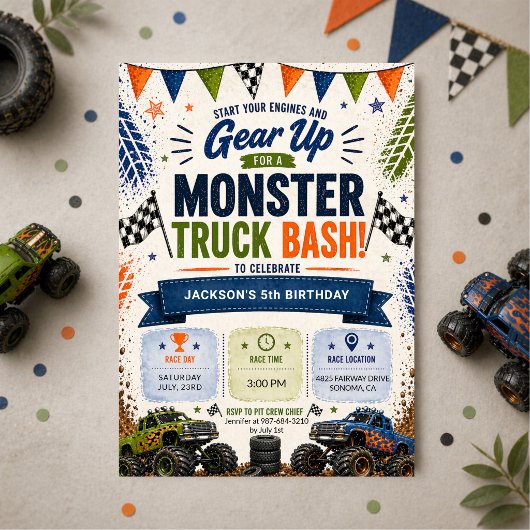 Invitation Monster Truck Kids Boys Birthday