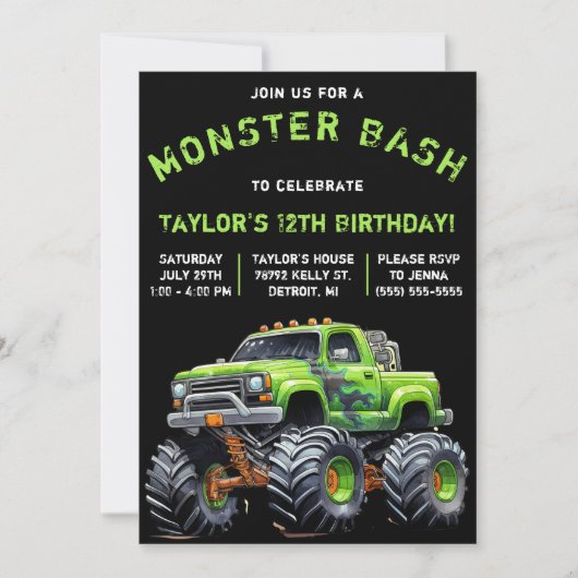 Invitation Monster Truck, Monster Bash fête d'anniversaire (Devant)