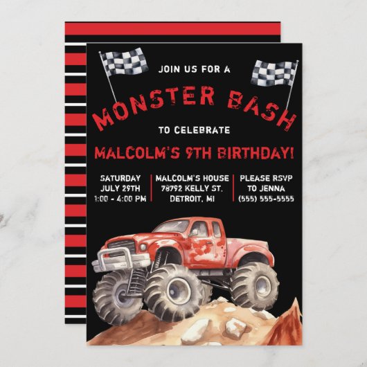 Invitation Monster Truck, Monster Bash fête d'anniversaire (Devant / Derrière)