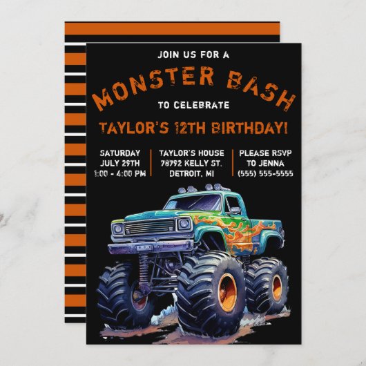 Invitation Monster Truck, Monster Bash fête d'anniversaire (Devant / Derrière)