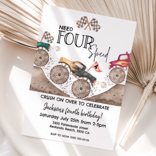 Invitation Monster Truck Need FOUR speed 4th birthday