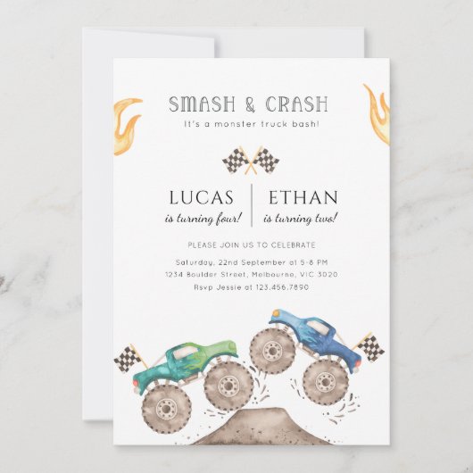 Invitation Monster Truck Siblings Joint Birday Party (Devant)