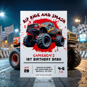 Invitation Monster Truck Smash Red 1er anniversaire fête