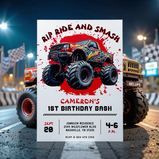 Invitation Monster Truck Smash Red 1er anniversaire fête