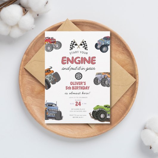 Invitation Monster truck, start your engine boy 5th birthday