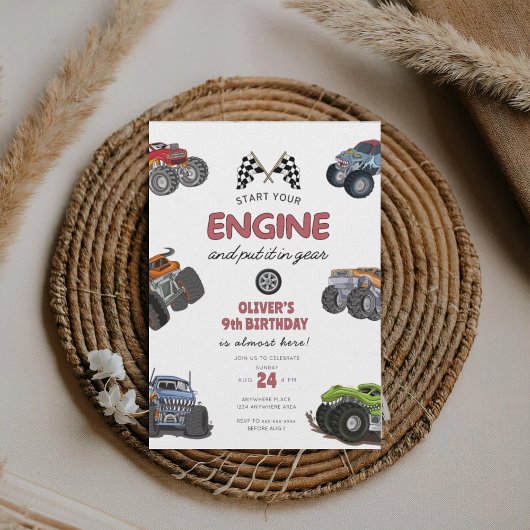 Invitation Monster truck, start your engine boy 9th birthday