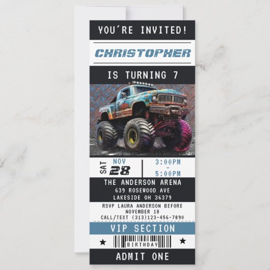 Invitation Monster Truck Ticket Boys Anniversaire Fête (Devant)