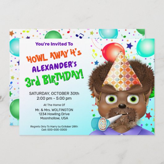 Invitation Monster Wolf Boy fête d'anniversaire (Devant / Derrière)