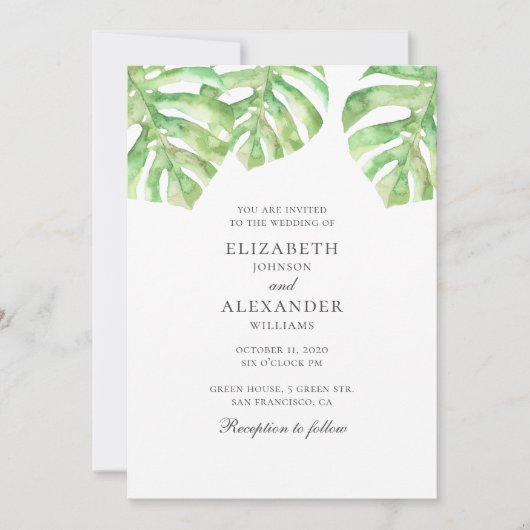Invitation Monstera. Aquarelle verte mariage tropical (Devant)