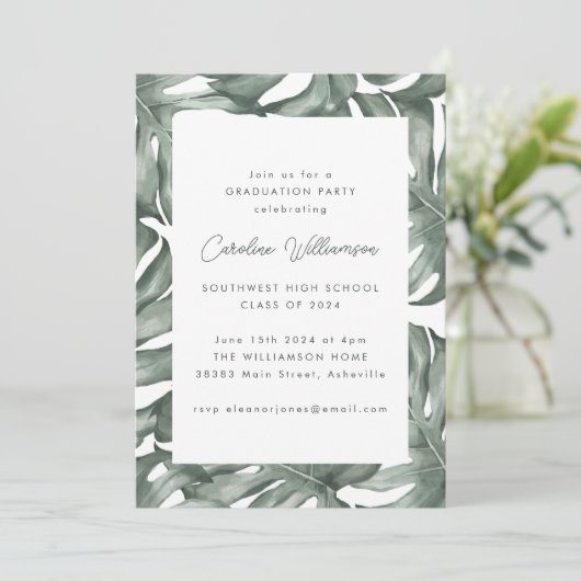 Invitation Monstera Botanique Aquarelle fête de graduation (Debout devant)