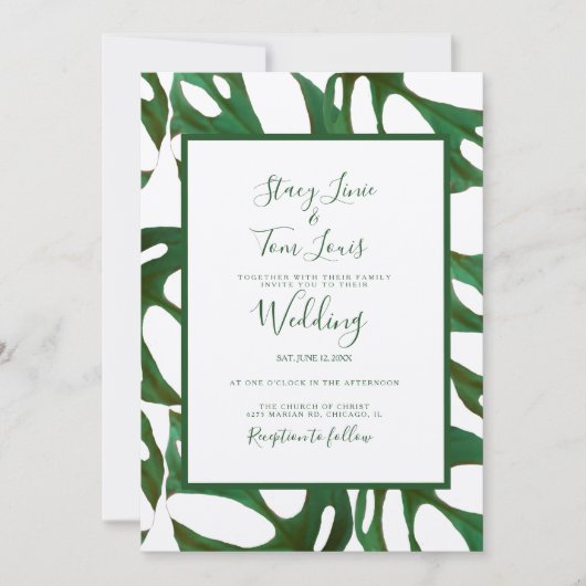 Invitation Monstera Botanique Feuille verte Mariage Brown (Devant)