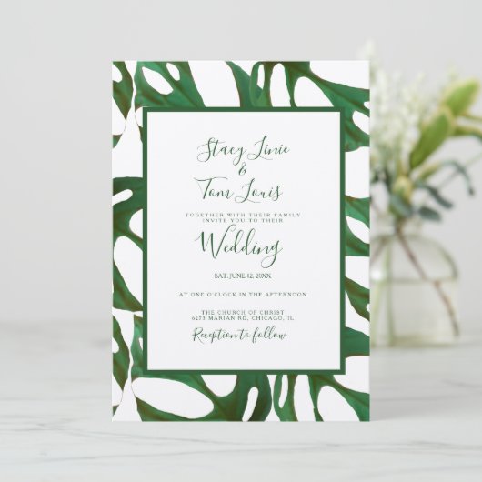 Invitation Monstera Botanique Feuille verte Mariage Brown (Debout devant)