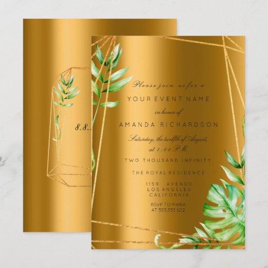 Invitation Monstera Gold Cadre Polygonal Verdure Mariage de l (Devant / Derrière)