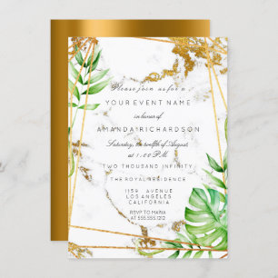 Invitation Monstera Gold Poligonal Cadre Vert Marbre