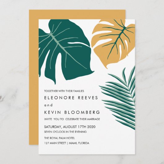Invitation Monstera | jaune | Mariage Feuille tropical (Devant / Derrière)
