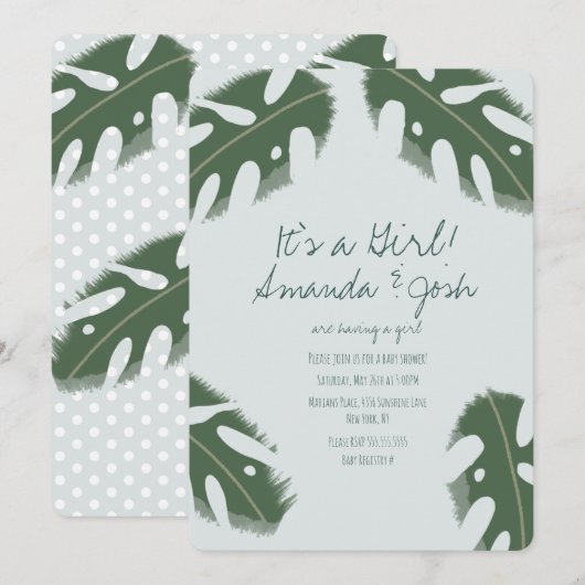 Invitation Monstera Tropical Greenery Baby shower fille (Devant / Derrière)