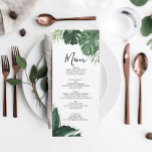 Invitation Monstera Tropical Mariage Menu ou Fête des mariées<br><div class="desc">Affichez votre délicieux menu sur ces jolies cartes - taille parfaite à placer sur chaque assiette! Ce design présente une jolie police de caractères et une belle végétation tropicale. Modifiez facilement les produits alimentaires !</div>