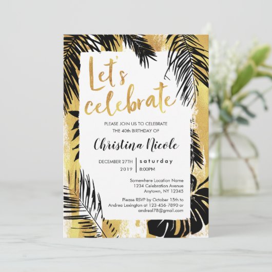 Invitation Monstera Tropical Palm Gold Noir Célébrons (Debout devant)