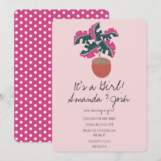Invitation Monstera Tropical Pink Dots Baby shower filles (Devant / Derrière)
