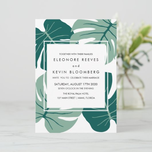 Invitation Monstera | Vert | Tropical Feuille Frame Mariage (Debout devant)