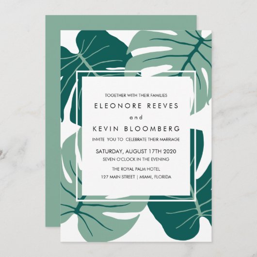 Invitation Monstera | Vert | Tropical Feuille Frame Mariage (Devant / Derrière)