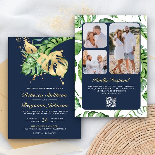 Invitation Monstère d'or Palm Tropical QR Code Mariage de mar