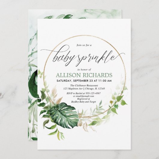 Invitation Monstère d'or verdoyant tropical bébé saupoudrer (Devant / Derrière)