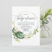 Invitation Monstère d'or vert baby shower feuille tropical (Debout devant)