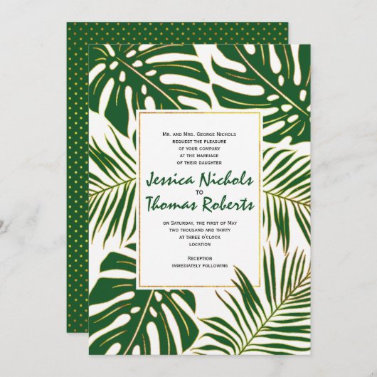 Invitation Monstère tropicale, feuille de palme mariage or ve (Devant / Derrière)