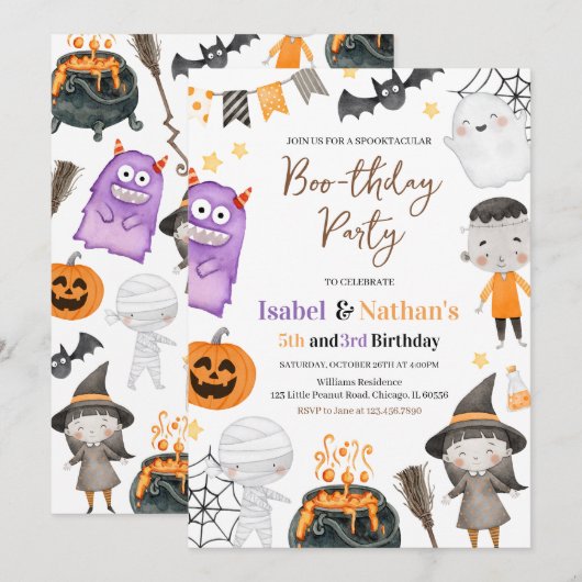 Invitation Monsters Halloween Double Anniversaire (Devant / Derrière)